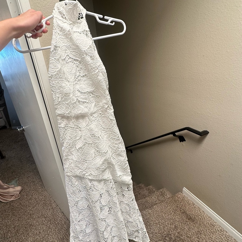 Elegant White Lace Halter Dress- Perfect for Bridal Shower or Engagement Party!